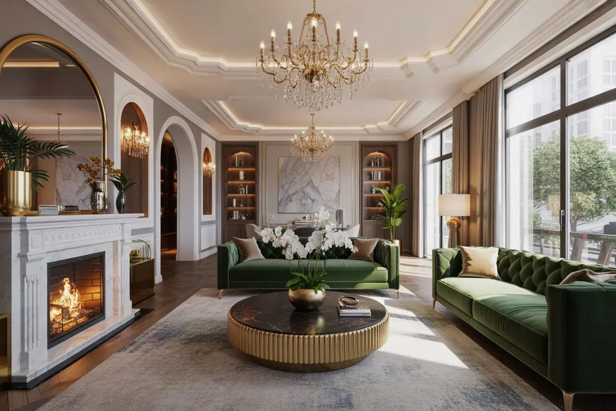 : luxury home decor ideas 2026 - stunning opulent living room with marble fireplace and gold accents