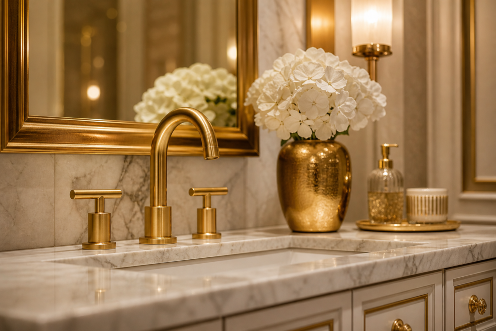  gold brass accents luxury home decor 2026 - brushed brass fixtures and gold decor details