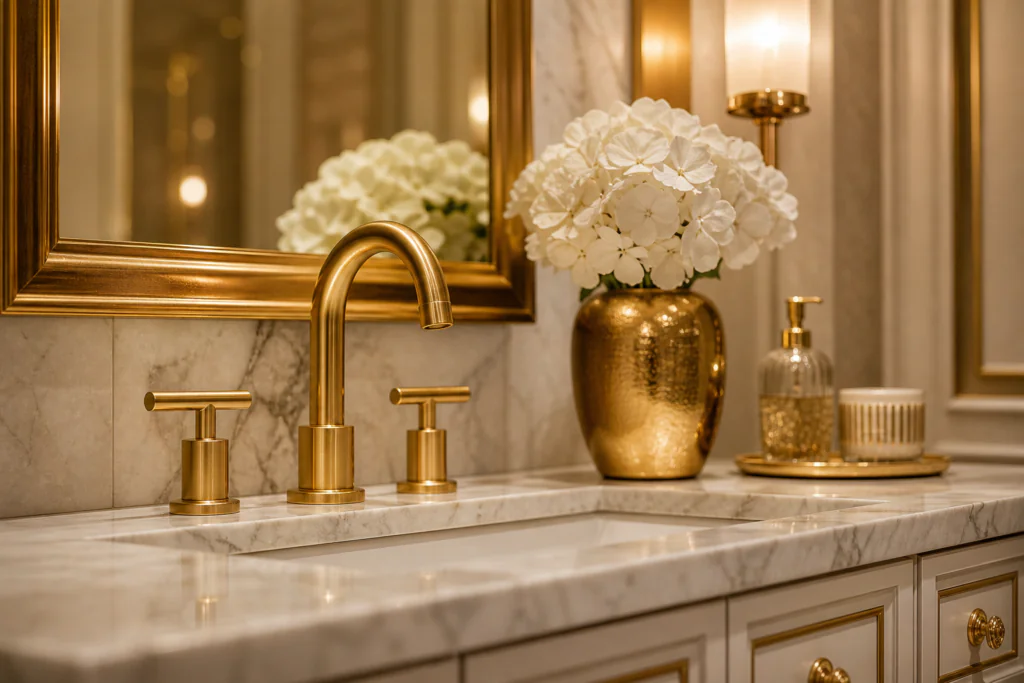  gold brass accents luxury home decor 2026 - brushed brass fixtures and gold decor details