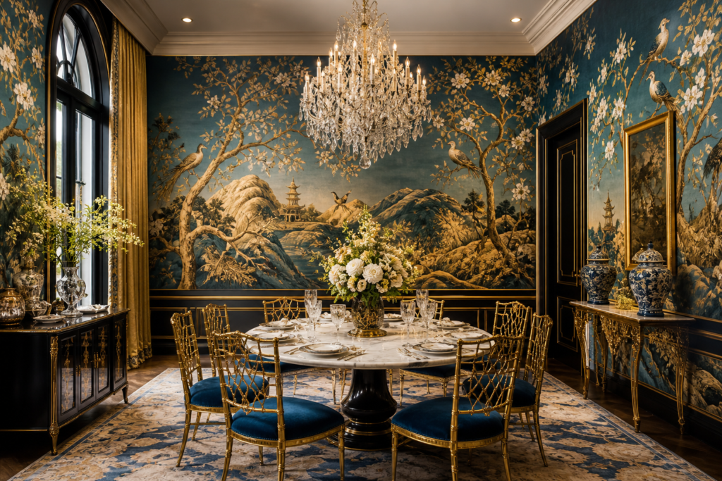 designer wallpaper luxury home decor 2026 - de Gournay chinoiserie botanical wallpaper dining room