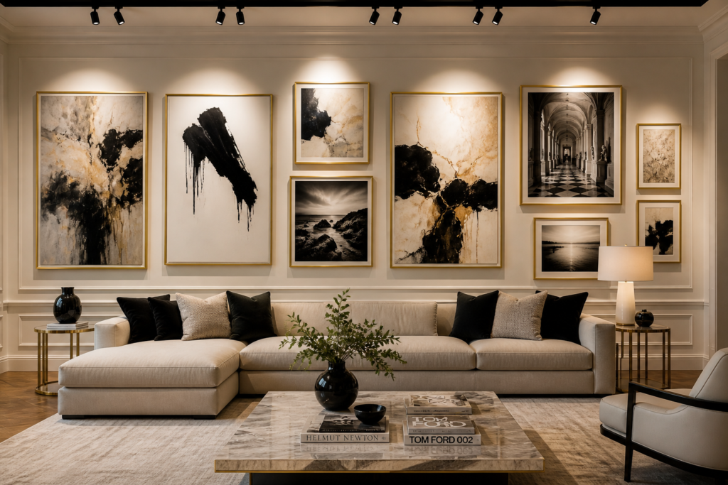  art gallery wall luxury home decor 2026 - curated art collection luxury living room interior