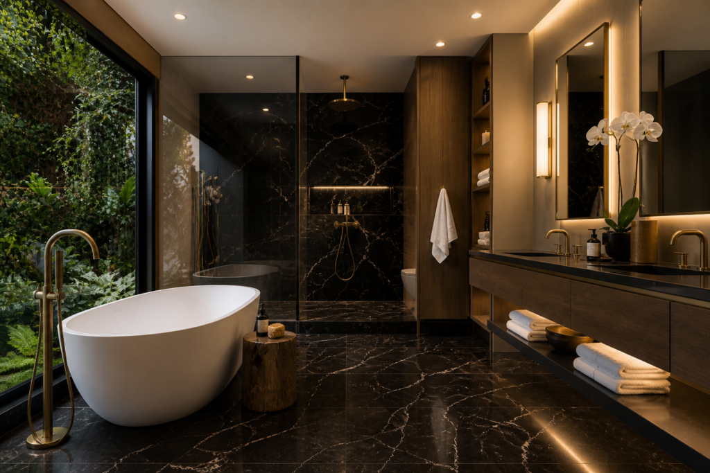 spa luxury bathroom decor 2026 - freestanding tub marble bathroom luxury interior design
