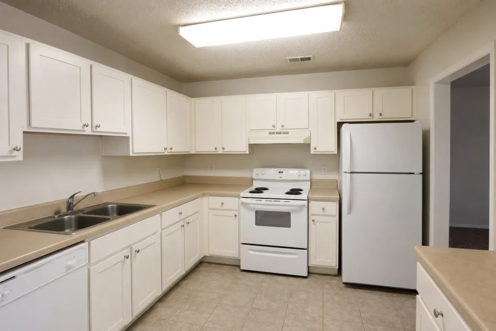  outdated rental kitchen before makeover — how to make a rental kitchen look expensive