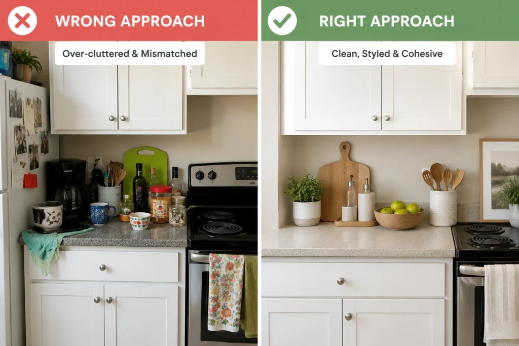  rental kitchen decorating mistakes to avoid — before and after kitchen styling comparison