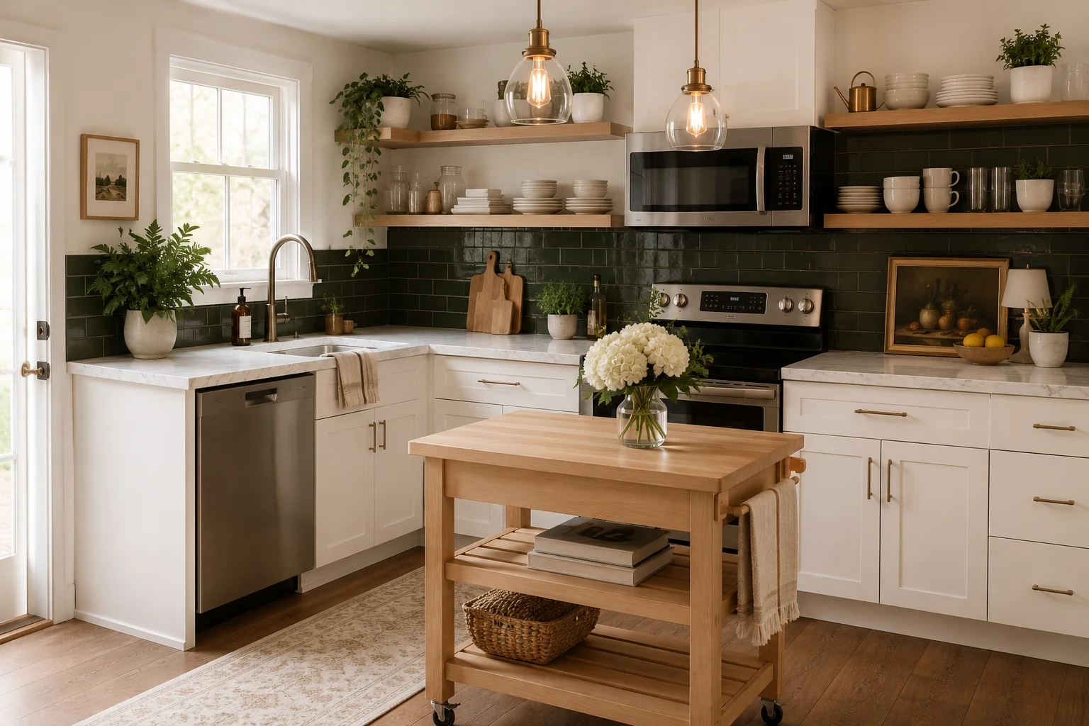 how to make a rental kitchen look expensive — styled rental kitchen with floating shelves and pendant lights