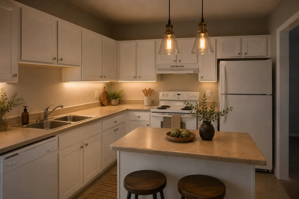 rental kitchen lighting upgrade with pendant lights and LED strips — make rental kitchen look expensive