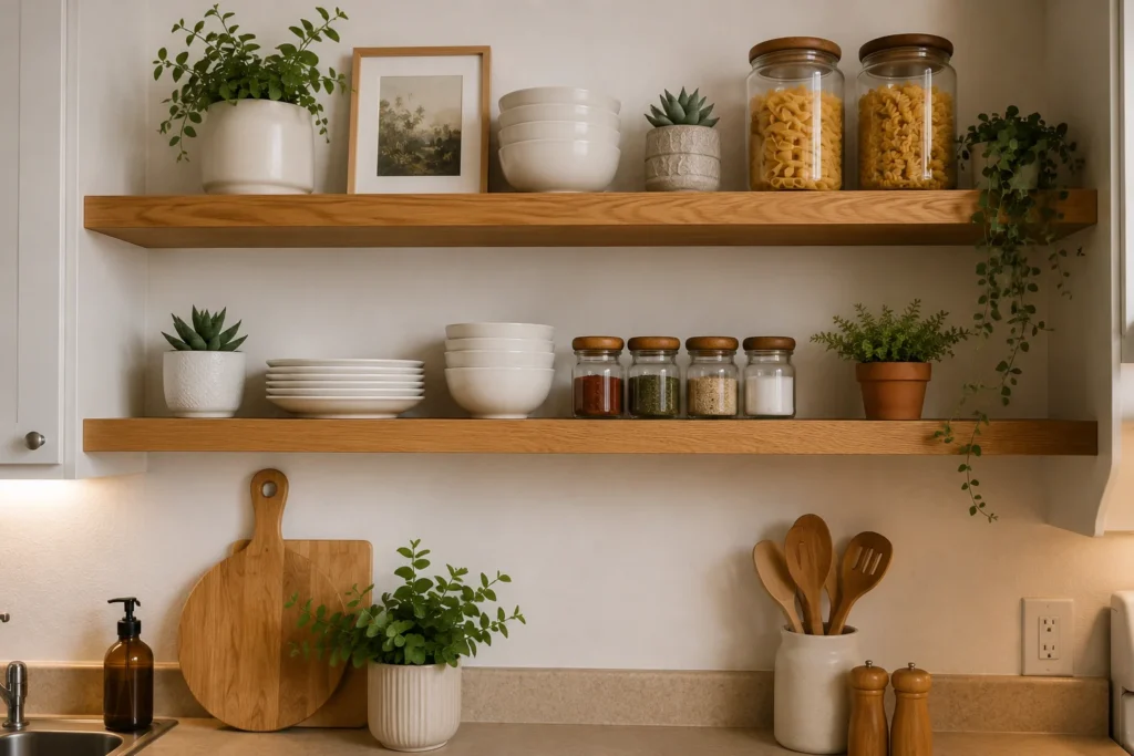 floating shelves in rental kitchen with curated decor — how to make rental kitchen look expensive with open shelving