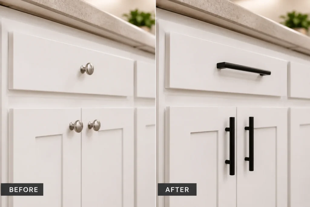 matte black cabinet hardware upgrade in rental kitchen — cabinet handle replacement to make kitchen look expensive