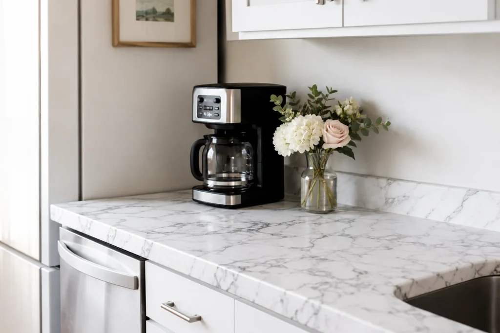 marble contact paper on rental kitchen countertops — countertop upgrade to make rental kitchen look expensive