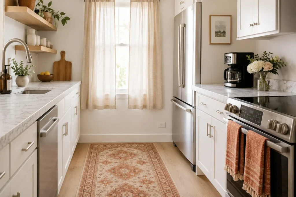 kitchen textiles and rug in rental kitchen — curtains and runner rug to make rental kitchen look expensive