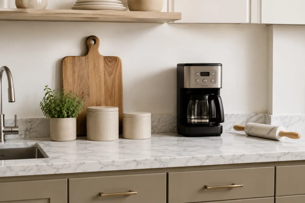 curated countertop styling in rental kitchen — minimalist kitchen counter decor to look expensive