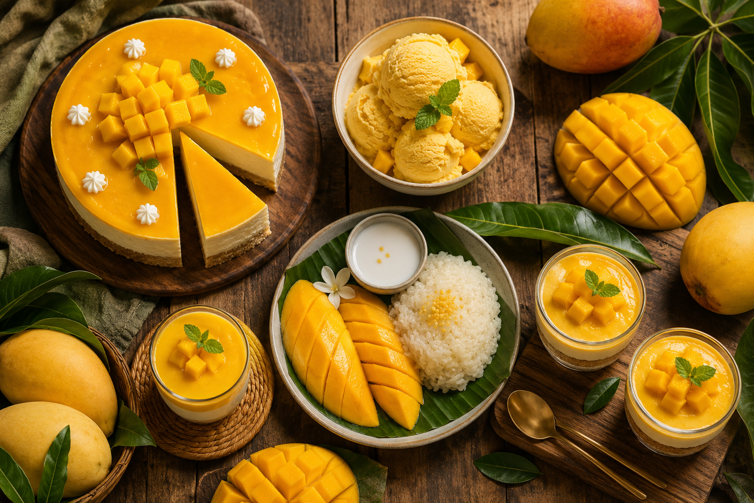 Assortment of homemade mango desserts including cheesecake, ice cream, sticky rice and mousse on a wooden table with fresh mangoes