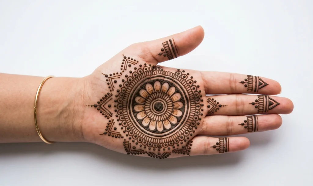 Mandala mehndi design on palm 2026