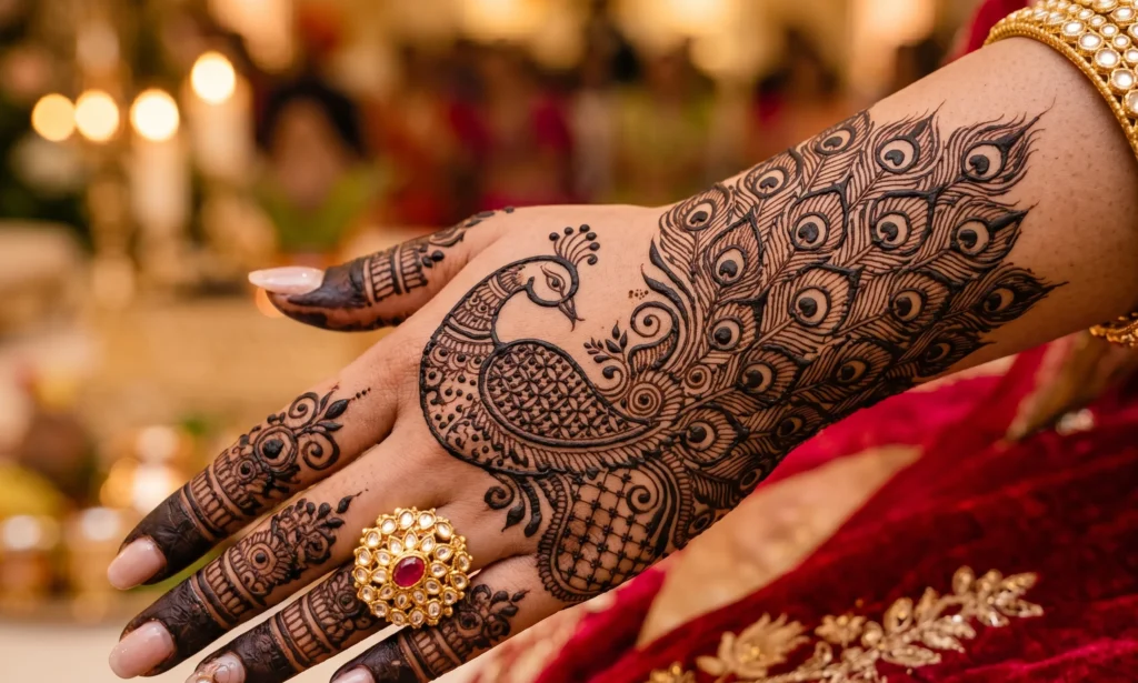 Peacock mehndi design back hand 2026