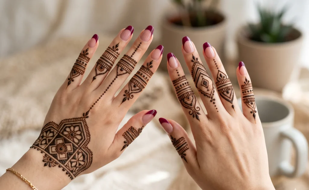 Mehndi design with nail art combination 2026