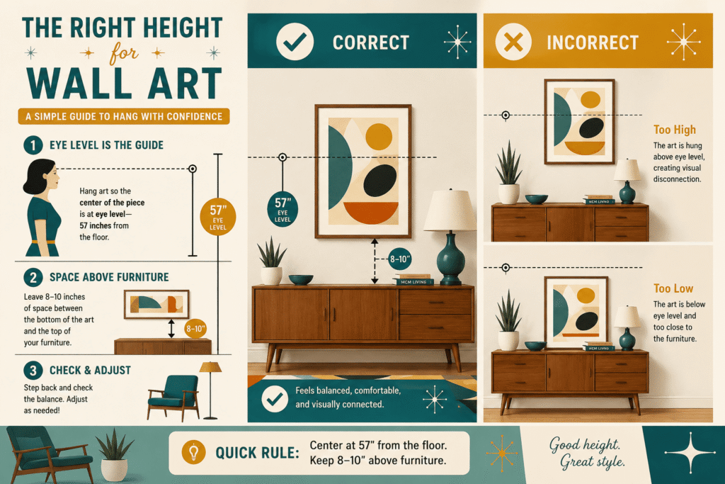 how to hang mid century modern wall art – correct height guide diagram 