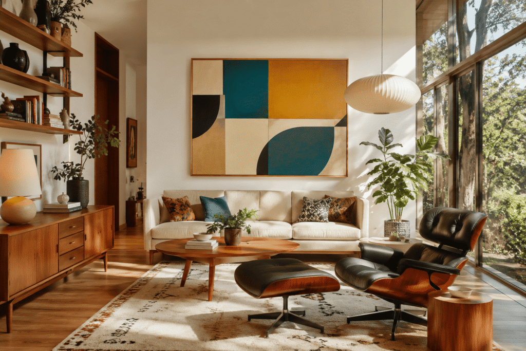 mid century modern wall art featured – geometric abstract canvas in a MCM living room 
