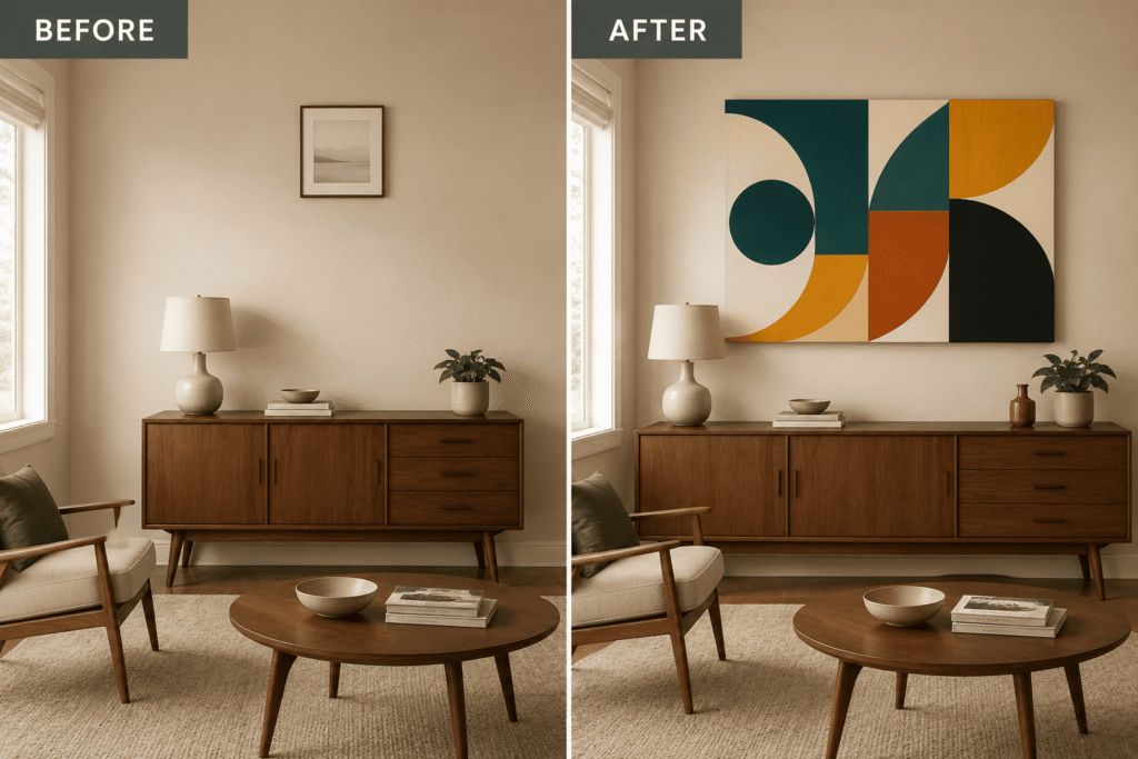 mid century modern wall art before and after room transformation comparison 