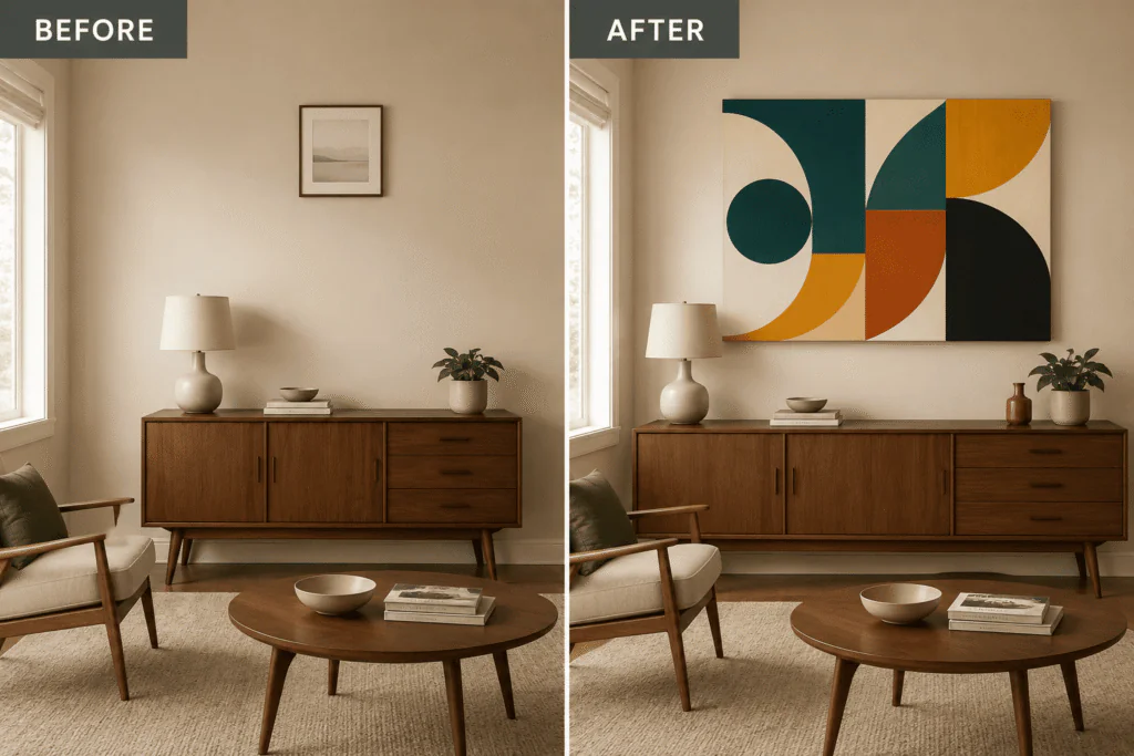 mid century modern wall art before and after room transformation comparison
