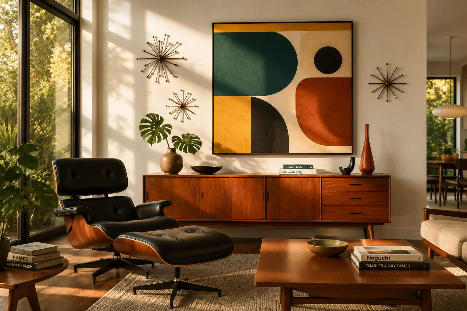 Mid-century modern living room with a black Eames lounge chair, teak sideboard, and large abstract wall art in mustard, teal, and burnt orange, bathed in warm golden-hour sunlight.