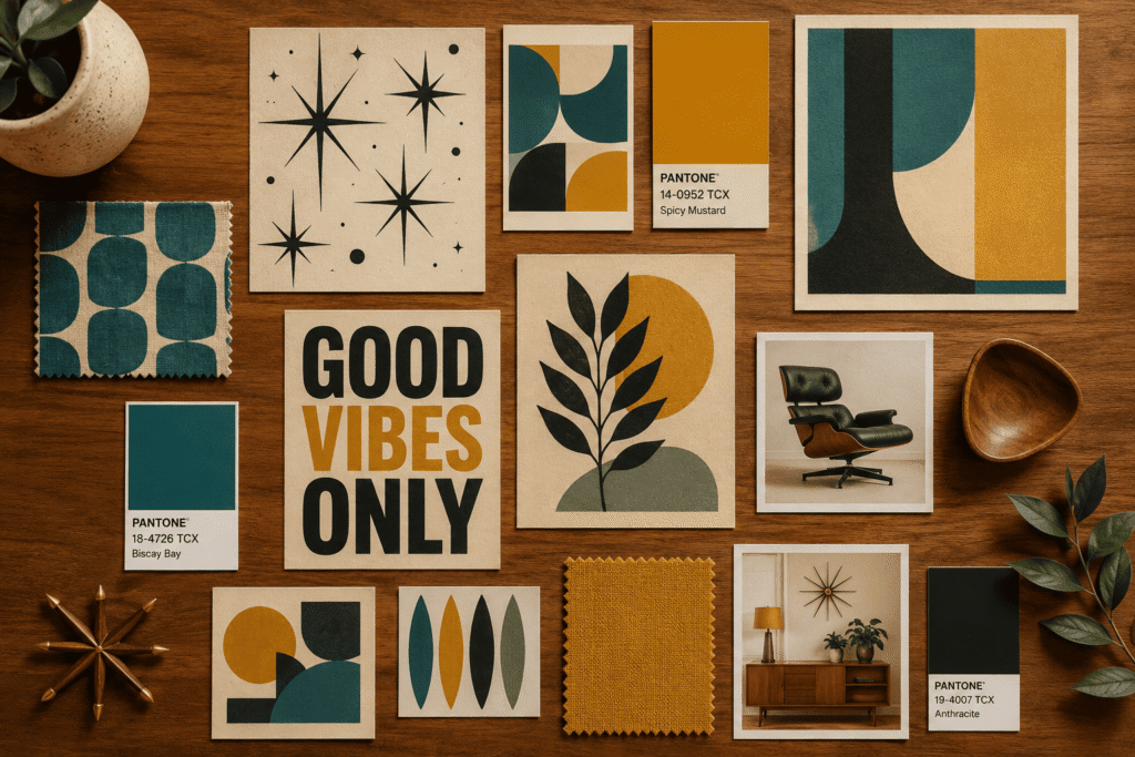 mid century modern wall art design elements – color palette and shapes mood board 