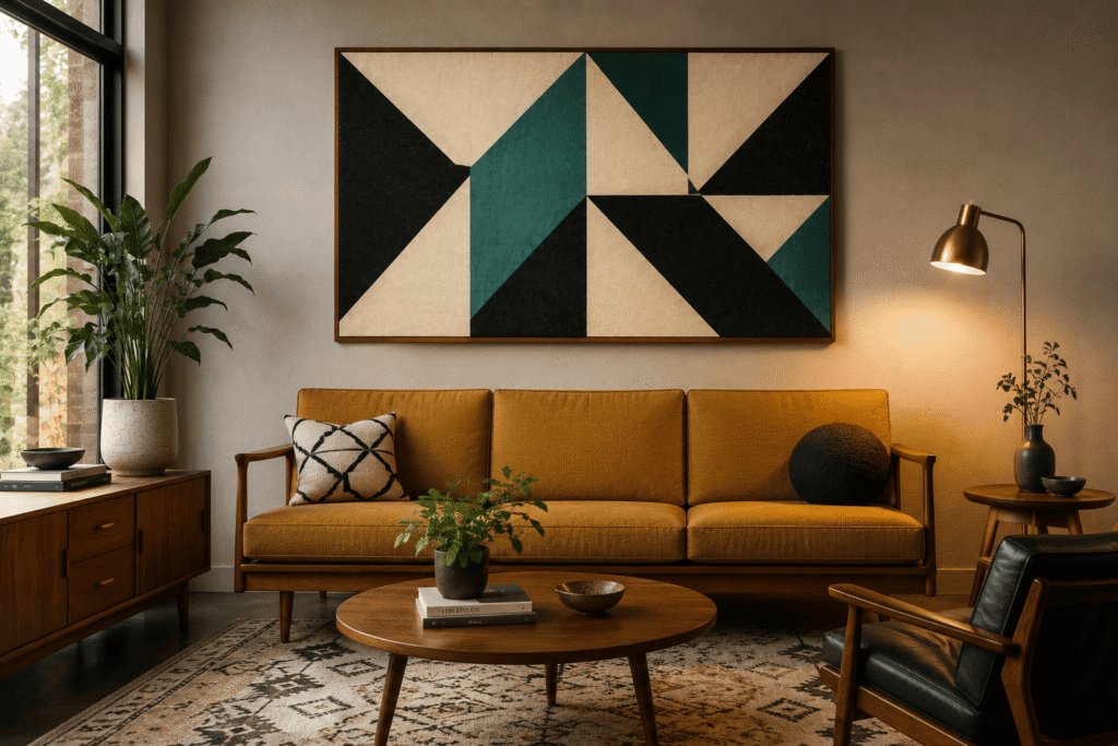  mid century modern wall art abstract geometric canvas above MCM sofa 