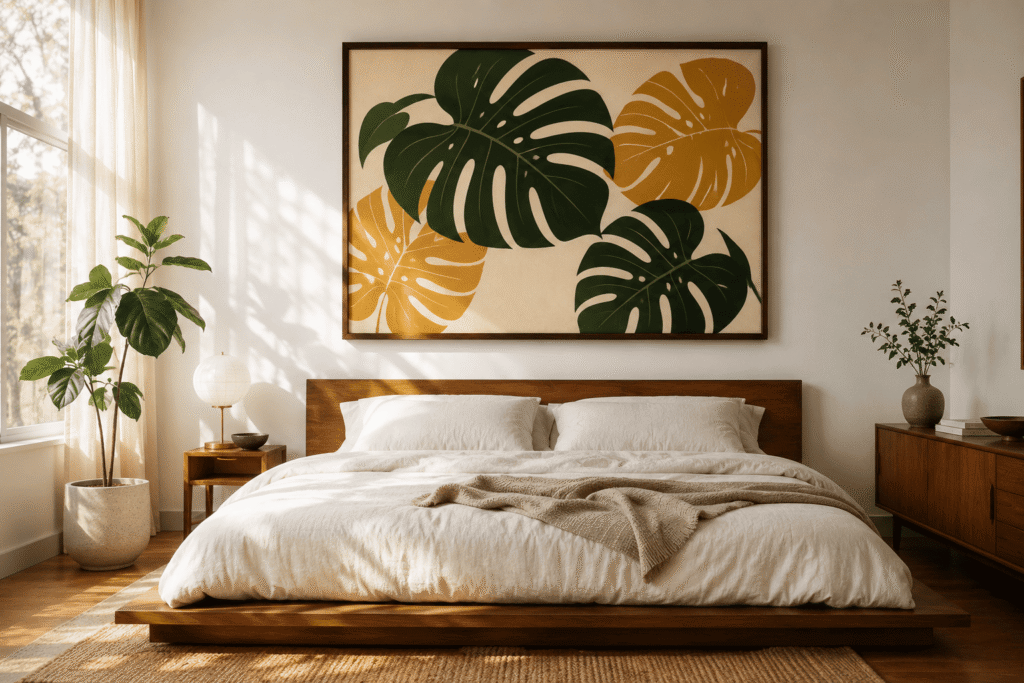 mid century modern wall art botanical monstera print in bedroom 