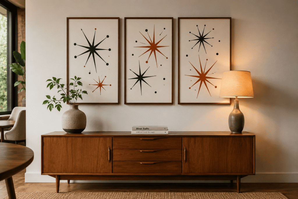 mid century modern wall art atomic starburst prints trio on wall 