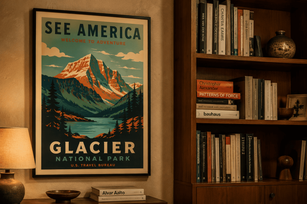 mid century modern wall art vintage travel poster in living room
