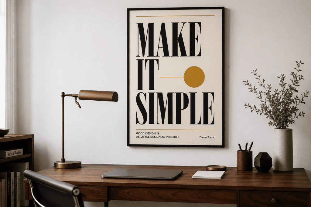 mid century modern wall art typography print above minimalist desk