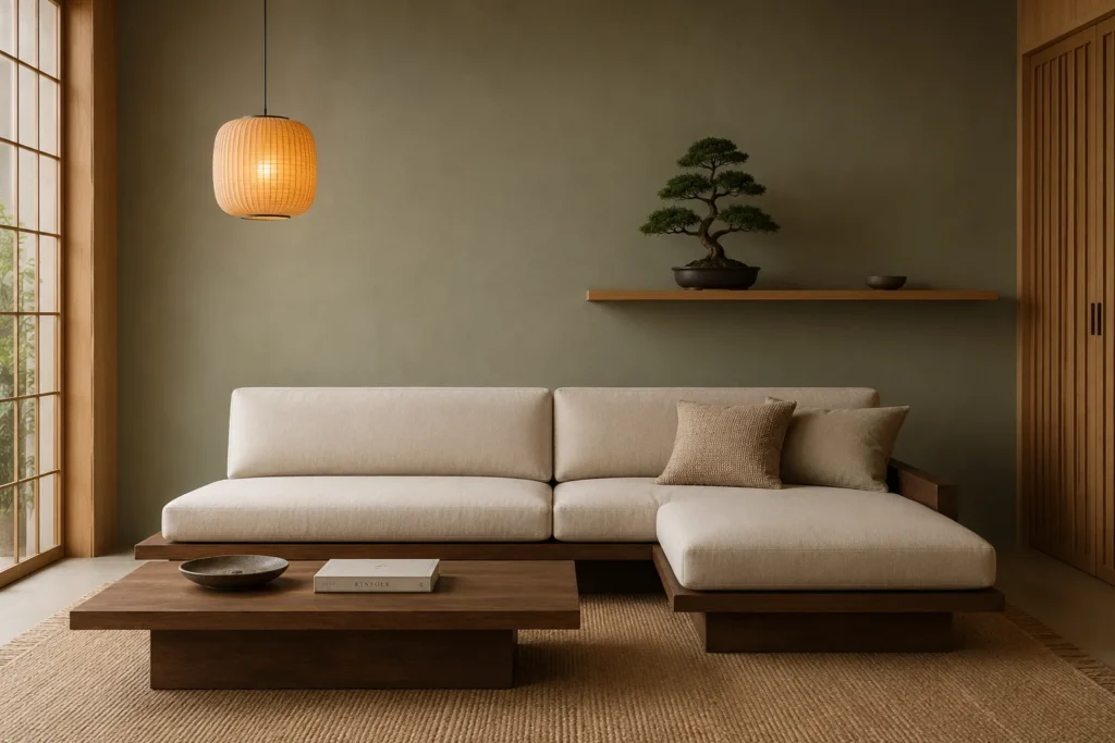japandi minimalist living room 2026 with warm neutrals and natural wood