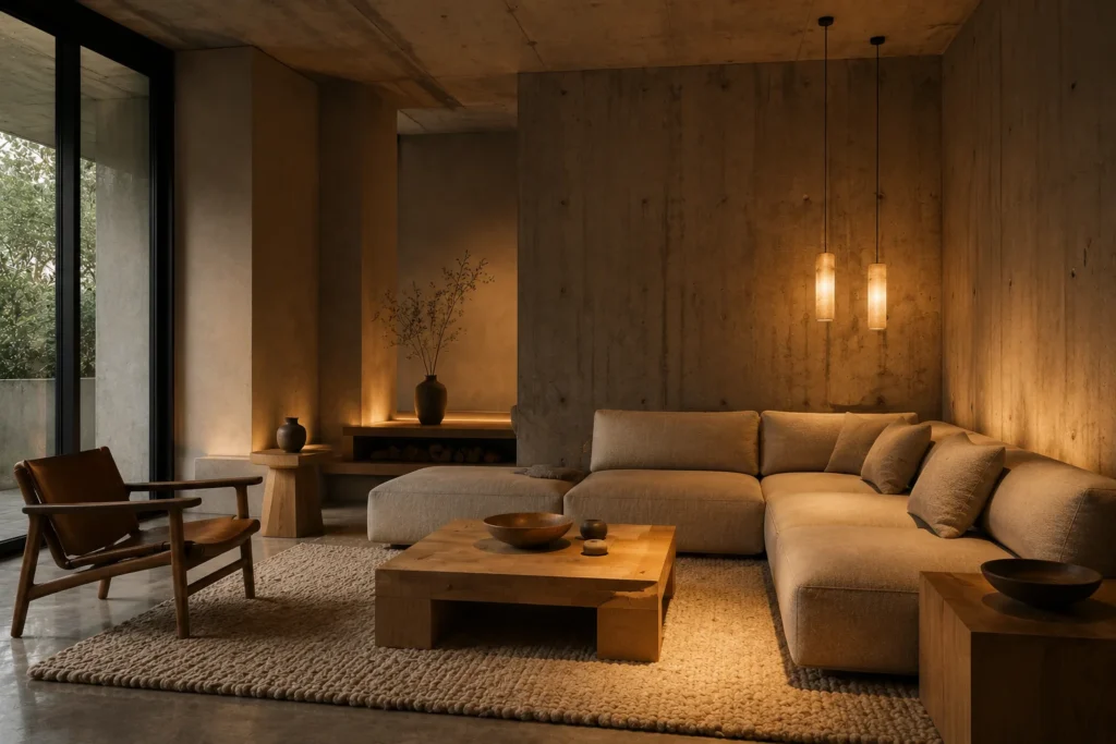 warm brutalism minimalist living room 2026 concrete raw materials oak