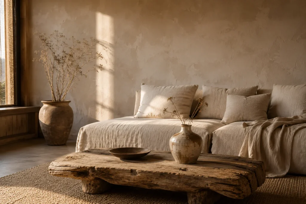 wabi-sabi minimalist living room 2026 handmade ceramics imperfect natural materials