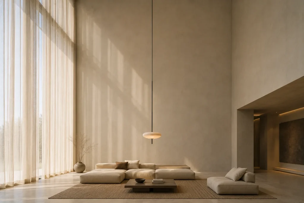 minimalist living room 2026 floor-to-ceiling height negative space dramatic vertical space