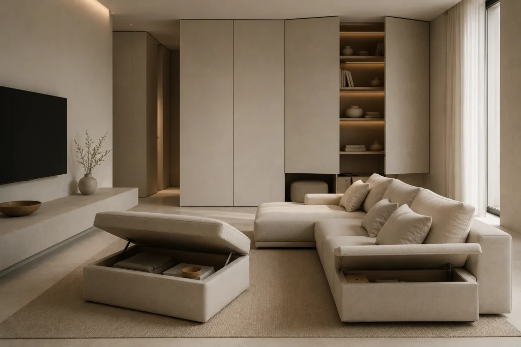 minimalist living room 2026 hidden modular storage clutter-free built-in solutions