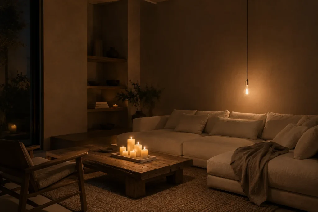  candlelit ambient minimalist living room 2026 warm layered lighting hygge