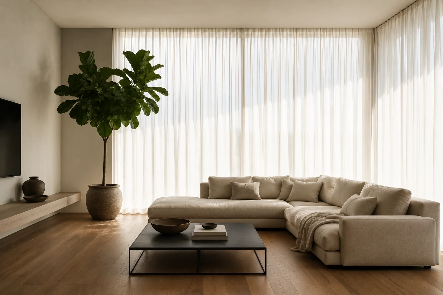 minimalist living room 2026 with warm beige sofa and natural light