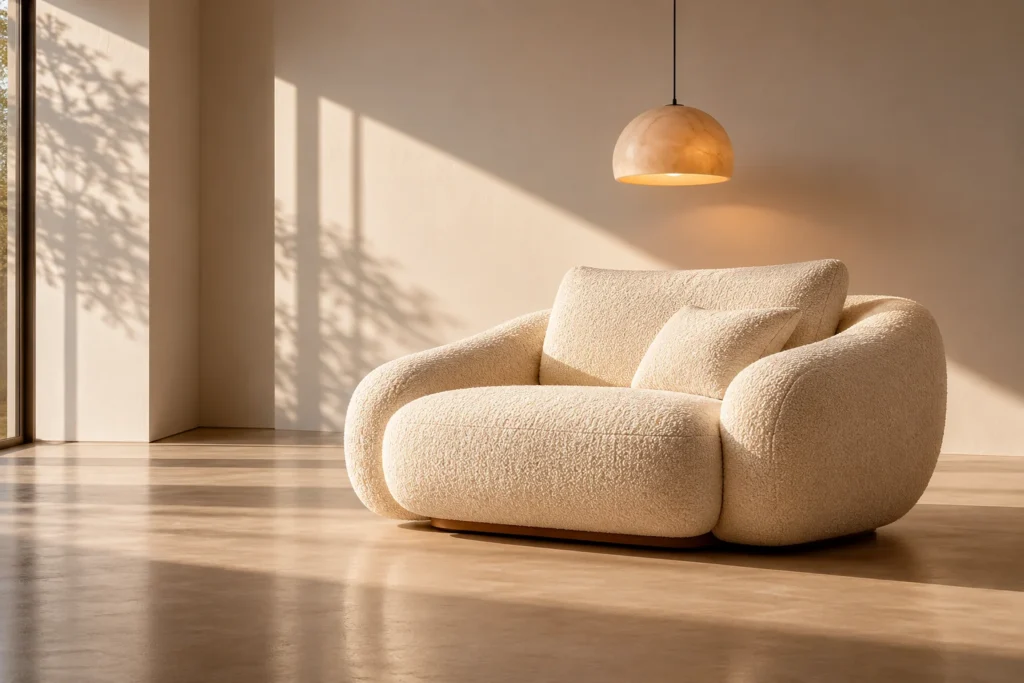 minimalist living room 2026 one statement boucle armchair focal point