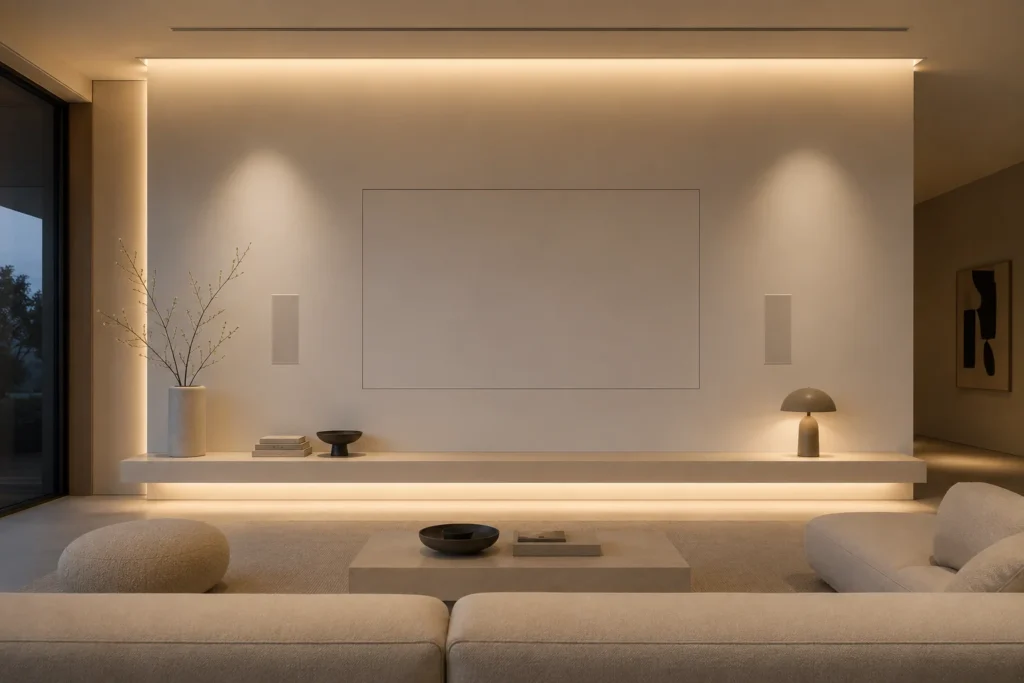 minimalist living room 2026 invisible tech hidden TV smart home integration