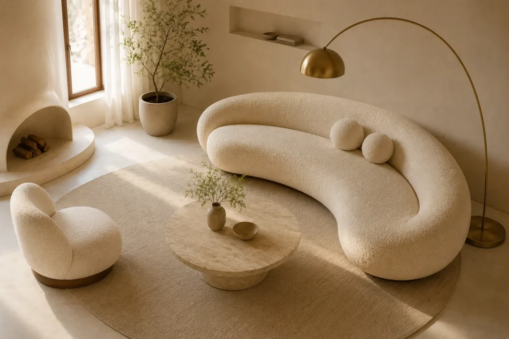 curved furniture minimalist living room 2026 organic shapes boucle sofa