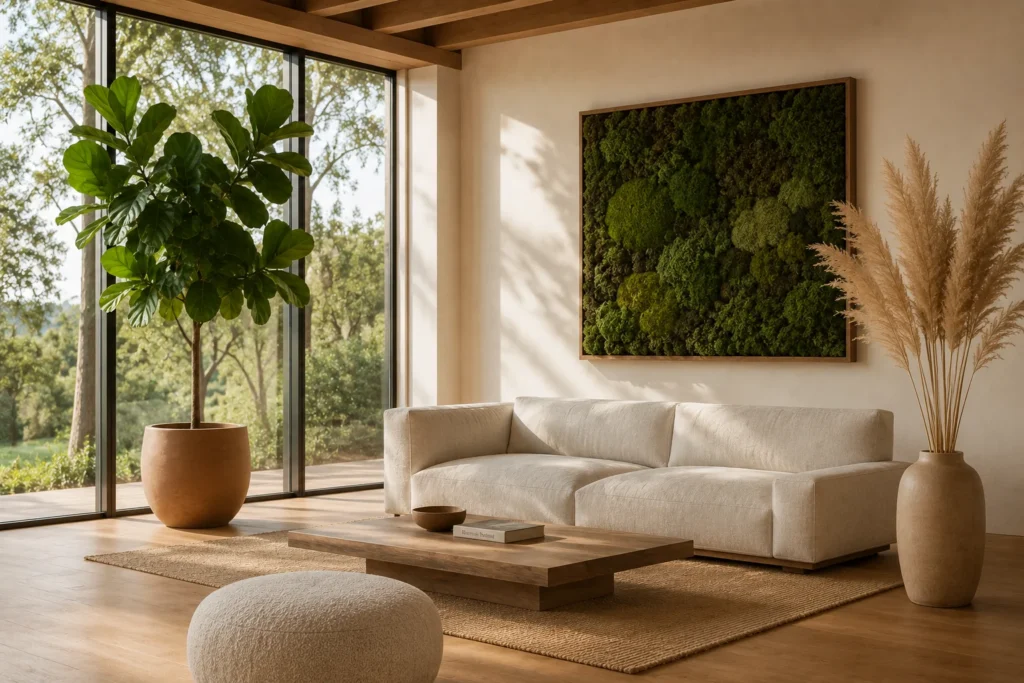 biophilic minimalist living room 2026 indoor plants natural light