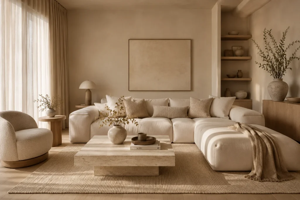 monochromatic minimalist living room 2026 beige tonal layered palette