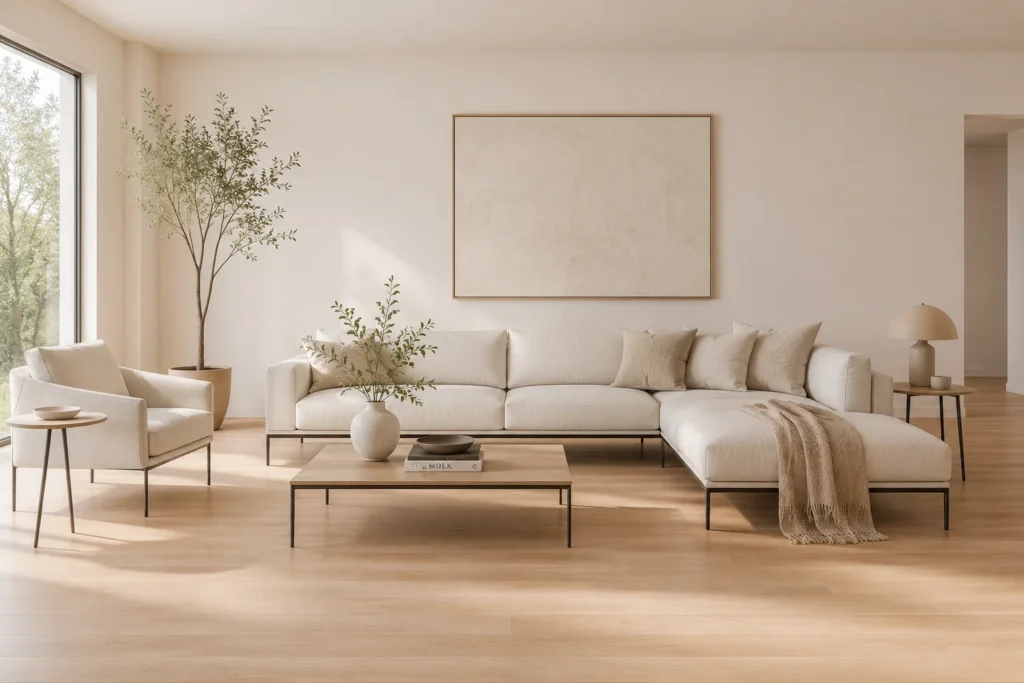 minimalist living room 2026 floating furniture thin legs open floor illusion