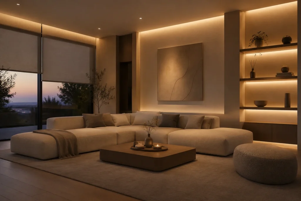 smart minimalist living room 2026 AI home automation hidden technology