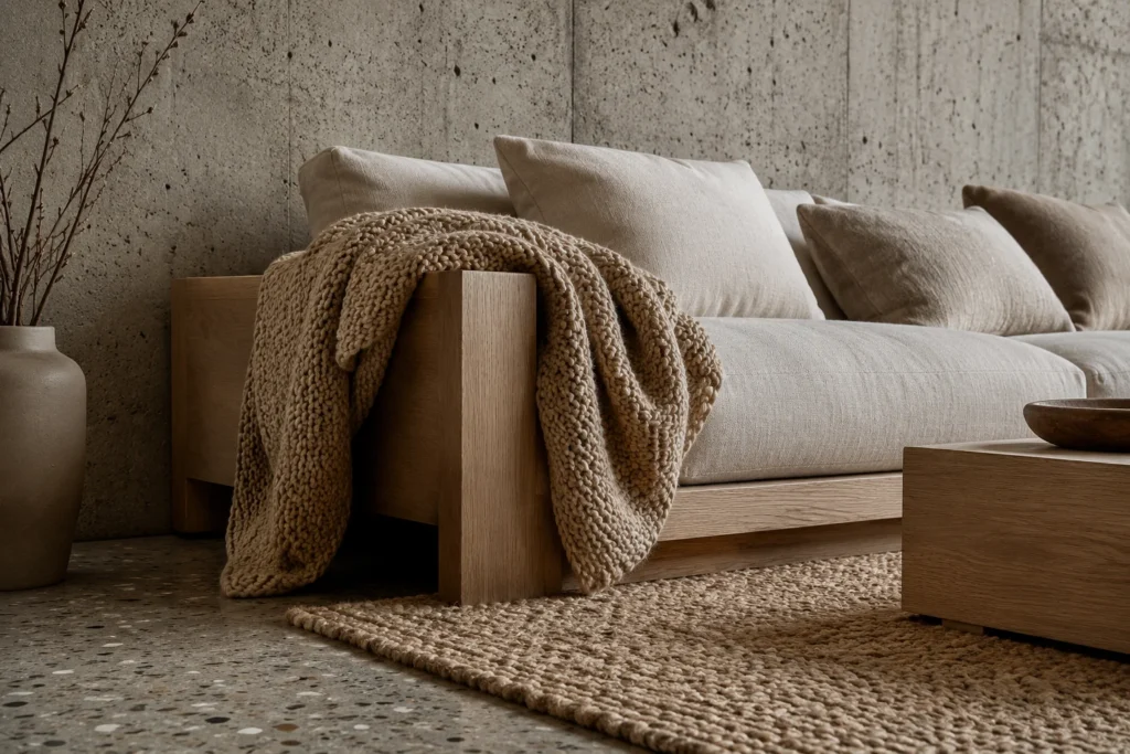 minimalist living room 2026 textural contrast linen concrete jute raw materials