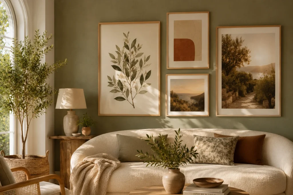 Summer gallery wall living room 2026 – botanical art prints in natural wood frames