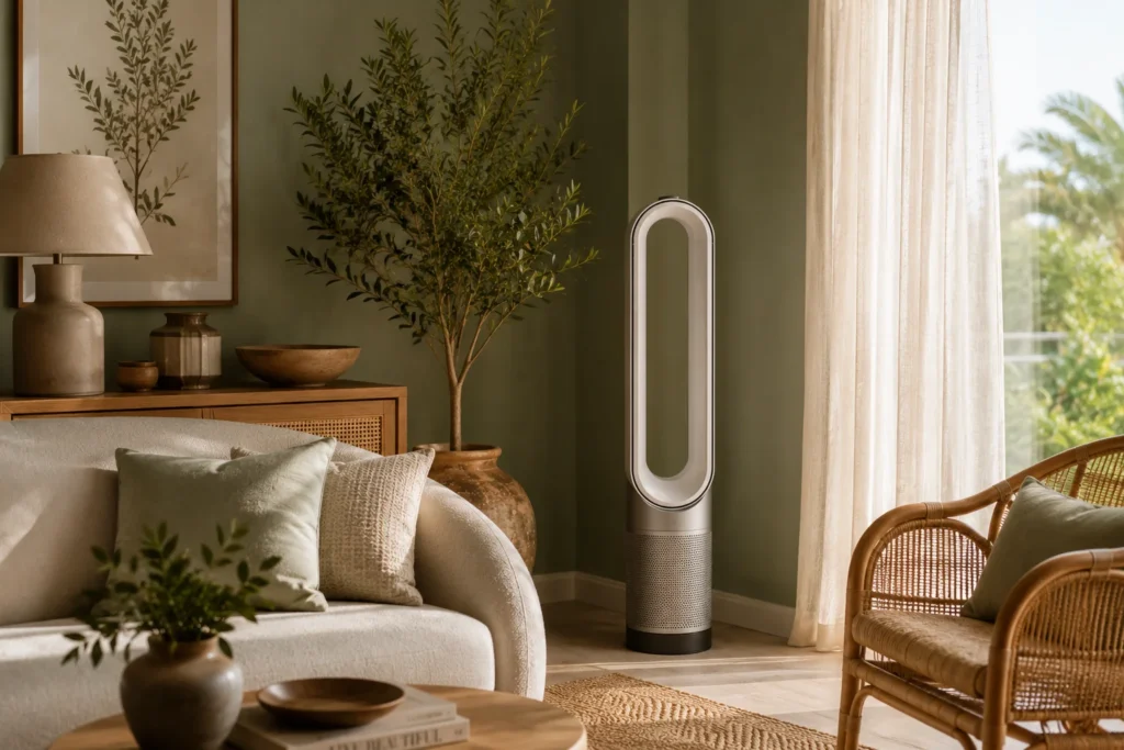 Smart cooling living room summer 2026 – Dyson fan blending into modern decor