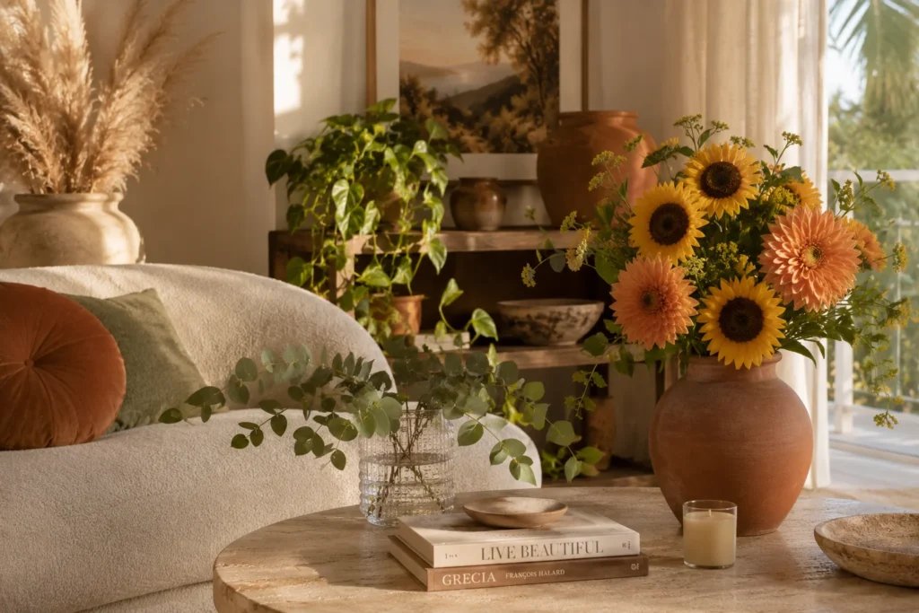 Summer botanicals living room 2026 – fresh flowers and dried arrangements