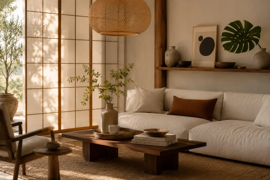 Japandi summer living room 2026 – calm minimalist design with warm natural materials