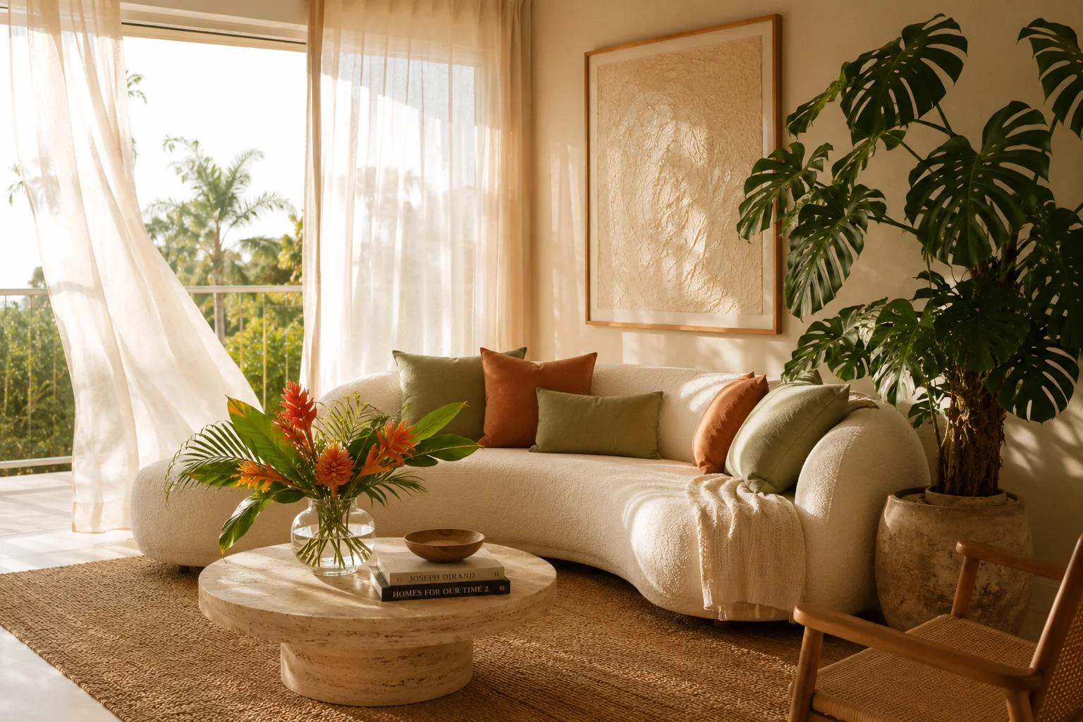 Modern living room ideas for summer 2026 – bright airy space with linen curtains, terracotta accents, and tropical plants
